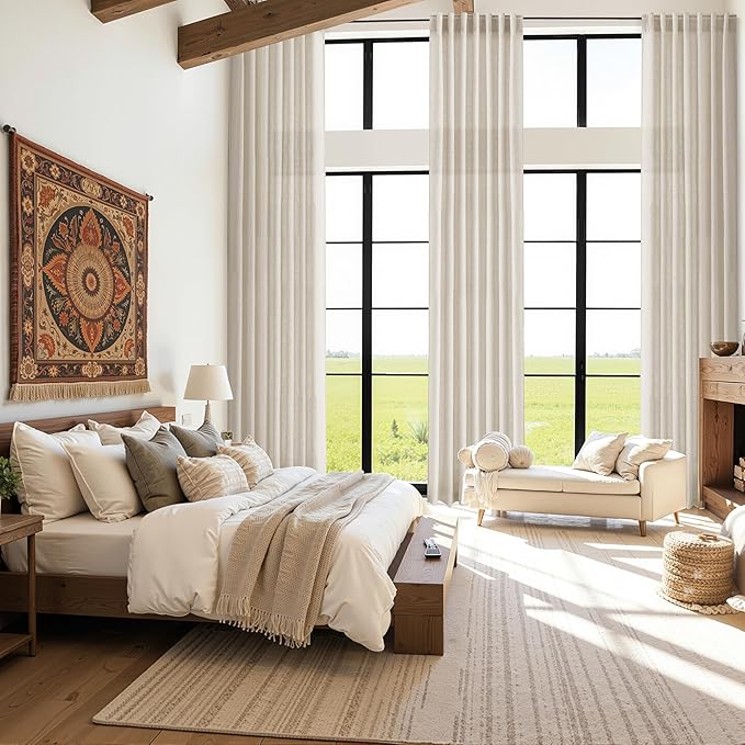 Boho Linen Curtains 132 Inch Length for Living Room Light Filtering Semi Sheer Curtain Back Tab Boho Eclectic Home Decor Farmhouse Drapes Floor to Ceiling High Window for Bedroom 52x132, 2 Panels