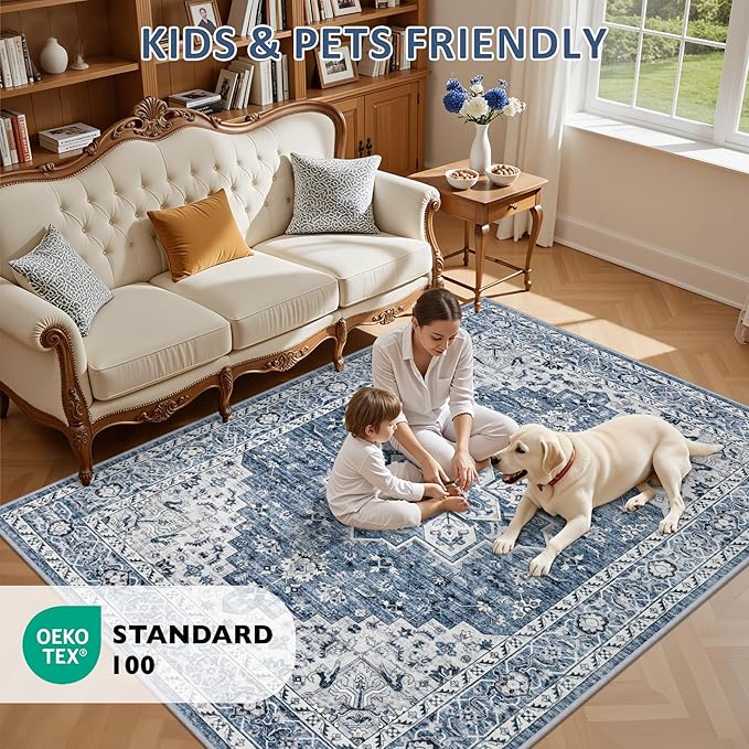 3x5 Area Rugs Living Room Rug: Washable Vintage Boho Medallion Rug No Slip Stain Resistant Soft Carpet Indoor Floor Large Carpets for Bedroom Dining Room Farmhouse Nursery Hallway Home Office Blue