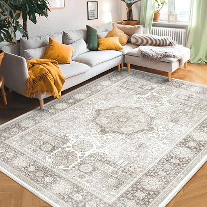 8x10 Rug - Cream & Grey Area Rug - Foldable Non Slip Vintage Rugs for Living Room - Modern Area Rugs 8x10 - Boho Living Room Rugs for Bedroom Dining Room, Distressed Pattern Carpet