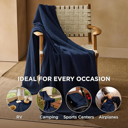 Bedsure 100% Cotton Muslin Throw Blanket Twin XL for Bed - 4-Layer Breathable and Lightweight Thin Soft Summer Gauze Muslin Blankets for Adults, Navy Blue, 66x90 Inches