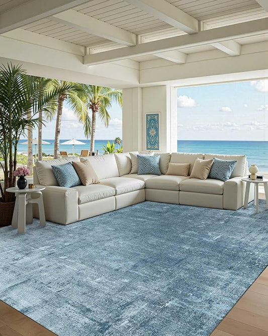 Latte&Fog 6x9 Area Rugs for Living Room Bedroom, Blue Modern Abstract Neutral Washable Rug, Boho Non Slip Low Pile Carpet for Dining Room, Dorm, Classroom, College Dorm, Farmhouse and Kids Room - Blue