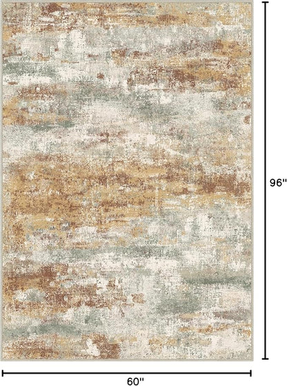 Area Rugs 5x8 for Living Room Bedroom, Modern Abstract Machine Washable Rug, Large Soft Low Pile Floor Carpet with Non Slip Backing for Dining Room, Orange Green