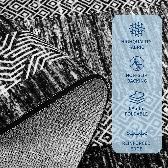 GarveeHome Extra Large Area Rug 10x13 Modern Geometric Rug with Non Slip Rubber Backing, Thin Washable Foldable Carpets, Soft Low Pile Non Shedding Printed Floor Mats for Hotel Office, Black
