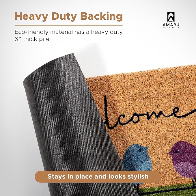 Colorful Birds - 24"x36" - Coir Door Mat with Heavy Duty Backing - Welcome Mats for Entryway, Porch - Anti-Slip PVC & Coconut Fiber Surface - Natural Home Accessories, Minimalist Original Design