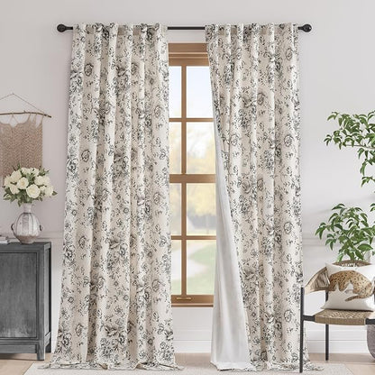 jinchan Blackout Floral Curtains for Living Room Bedroom Linen Blend Curtain Farmhouse Black Printed with Lined Back Tab Rod Pocket Drapes Window Treatments 2 Panels 120 Inch