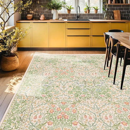 Light Green Bedroom Rug, 7x10 Washable Area Rug Non-Slip for Living Room, Nursery, Kids Room, Dining Room, Vintage Beige Botanical Low Pile Soft Carpet Fade Resistance