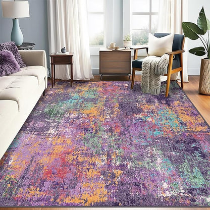 Washable Area Rugs 6'x9' Non-Slip Modern Abstract Soft for Living Room Entryway Bedroom Nursery, Print Pattern, Purple Orange Blue Green Rust Red Colorful