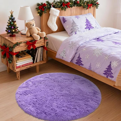 OLANLY Purple Round Rugs for Bedroom - Machine Washable, 3 ft Circle Area Rugs for Living Room, Soft and Fluffy Shaggy Carpet for Teen Girls and Boys, Nursery Rooms, Dorms, Home Decor Aesthetic