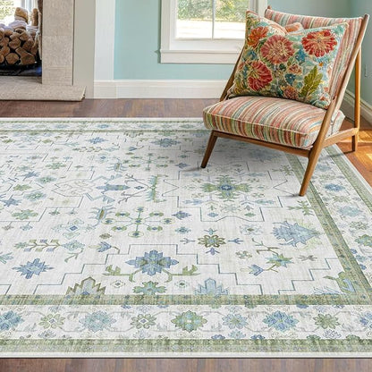 Hazo Haus Oushak Area Rug for Bedroom 5x7 - Blue and Green Vintage Boho Floral Geometric, Washable Low Pile Non Slip Area Rugs for Nursery Room, Foyer, Cozy Aesthetic Room Decor