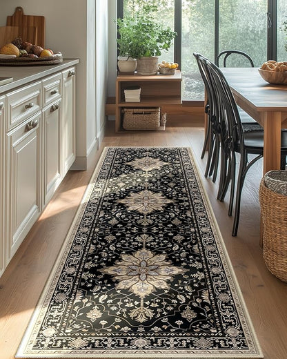 RELEANY Area Rugs 2'x6' Runner Rug Non Slip Washable for Kitchen Hallway Bedroom Beside Laundry Room Bathroom Rug, Floor Carpet, Black Brown Neutral Dark Tan