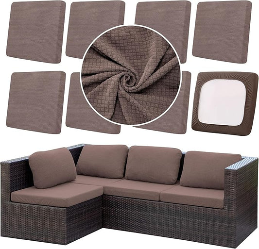 8Pcs Outdoor Cushion Covers, Patio Cushion Covers,Stretch Elastic Slipcovers, Replacement Washable & Reusable Furniture Protector for Patio Couch,Thick Jacquard Fabric(Camel, Cover Only)