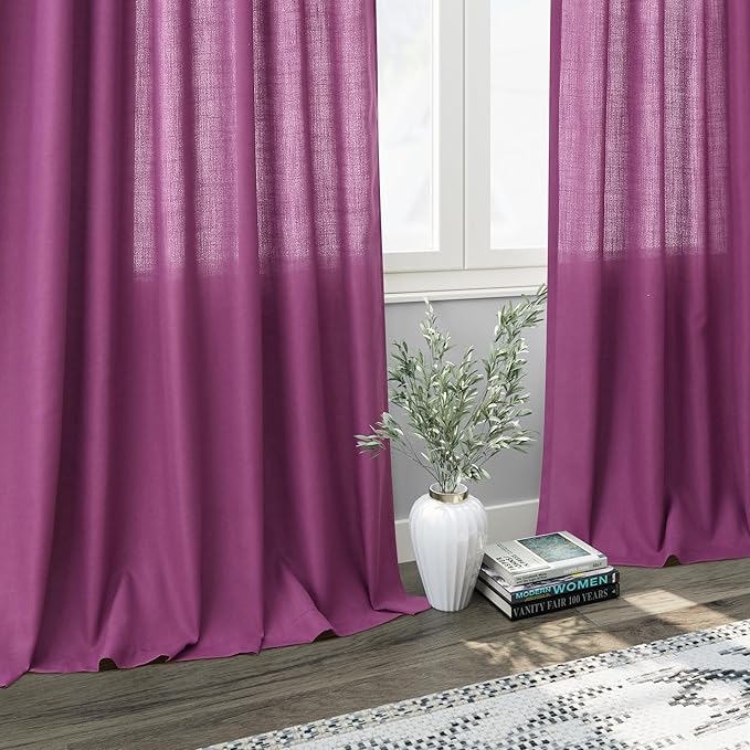 Nanspring Grape Purple Linen Curtains 96 Inch Long 2 Panels Set for Bedroom Living Room Linen Textured Window Drapes Semi Sheer Light Filtering Rod Pocket Back Tab Modern Farmhouse Curtain 52x96