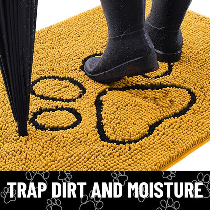 Smiry Dog Door Mat for Muddy Paws, Absorbent Dirt Trapper Non Slip Quick Dry Washable Chenille Mat for Mud Dogs, Entry Rug for Indoor and Outdoor (30x20 Inches, Golden Yellow and Black)