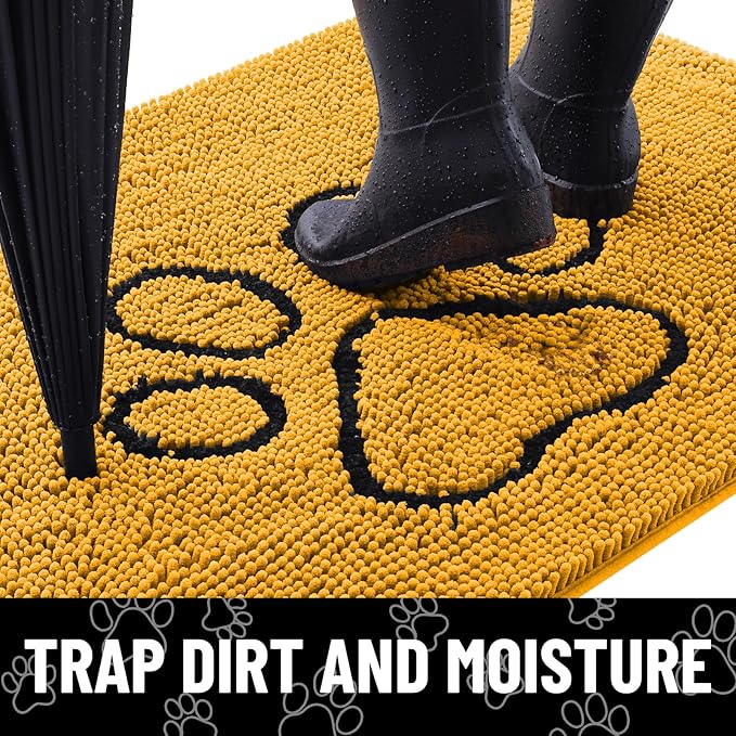 Smiry Dog Door Mat for Muddy Paws, Absorbent Dirt Trapper Non Slip Quick Dry Washable Chenille Mat for Mud Dogs, Entry Rug for Indoor and Outdoor (36x24 Inches, Golden Yellow and Black)