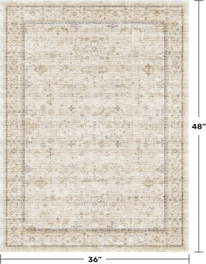 Vintage 3x4 Beige Indoor Rugs for Entryway - Geometric Pattern Washable Non Slip Rug for Kitchen, Bedroom, Laundry Room, Bathroom, Modern Farmhouse Home Décor, Low Pile & Soft Floral Carpet