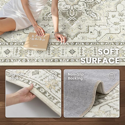 zesthome Washable Rug 6x9 Area Rugs,Stain Resistant Rugs for Living Room,Bedroom,Non-Slip Backing Home Decor Rug, Vintage Medallion Pattern Rugs (Beige,6'x9')