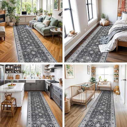 Hallway Washable Runner Rug - 3x10 Kitchen Rugs Entryway Rug Runner Vintage Soft Floor Mat Non Slip Indoor Farmhouse Carpet for Bathroom Living Room Bedroom (3 X 10, Black)