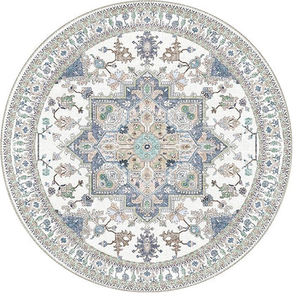 OPPODREAM Soft Round Rug 3ft, Washable Circle Rug 3ft with Non Slip Backing Play Room, Low-Pile Carpet 3 ft, Small Faux Cashmere Throw Carpet, Purple & Green & Cream