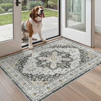 Madane Washable Entry Rug 3x4, Area Rugs for Entryway Kitchen Bathroom Door Mat Indoor Entrance, Vintage Floral Print Office Runner with Non Slip Rubber Backing, Black