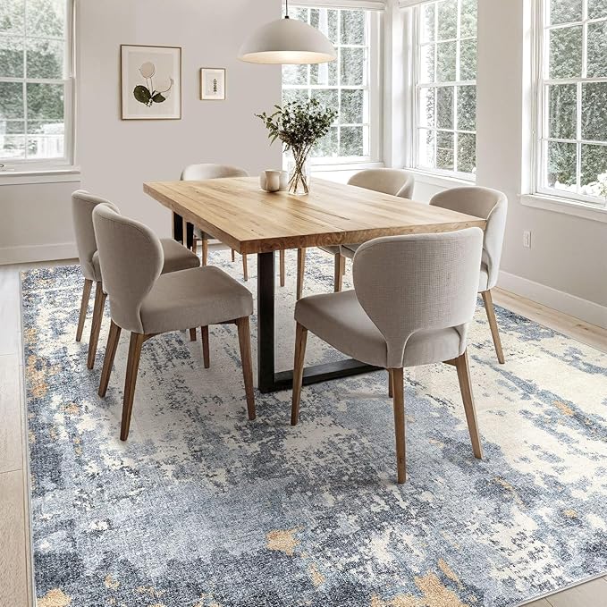 UERMEI 8x10 Area Rug Living Room Rugs - Washable Neutral Modern Abstract Soft Thin Rug Indoor Floor No Slip Rug Carpet for Bedroom Under Dining Table Home Office Decor - Blue/Light Brown