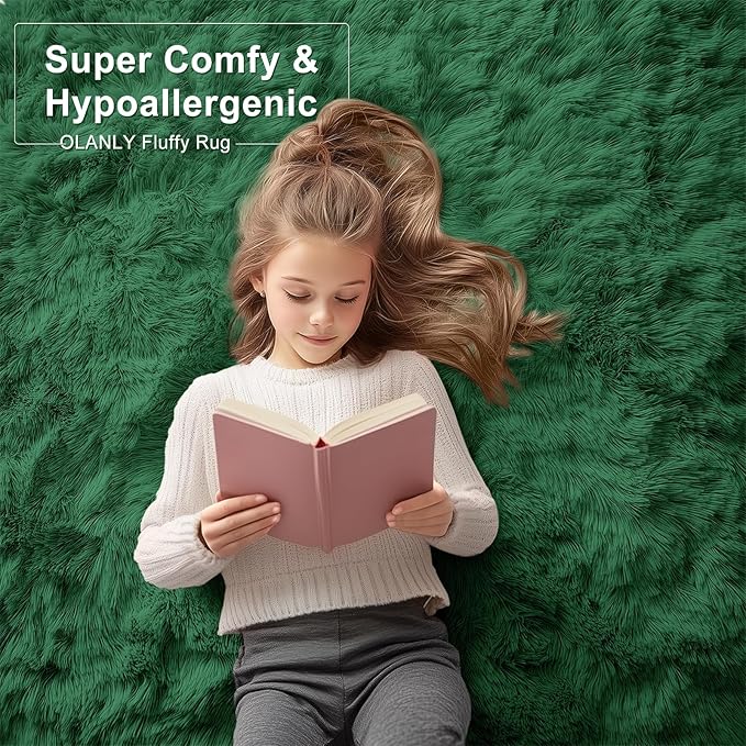OLANLY 8x10 Machine Washable Large Area Rugs for Living Room, Bedroom, Soft Fluffy Shaggy Bedside Rug, Indoor Floor Carpet for Kids Girls and Boys, Dorms, Nursery, Home Decor Aesthetic, Dark Green
