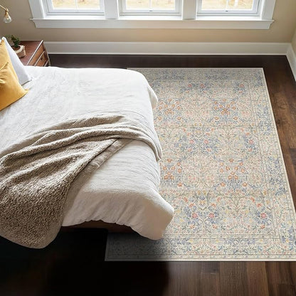 Washable Beige Blue 5x8 Area Rug for Large Entryway, Living Room, Kids Room, Boy Nursery Room, Bedroom Rug - Vintage Oriental Low Pile Non Slip & Stain Resistance (5x8 Beige Blue)