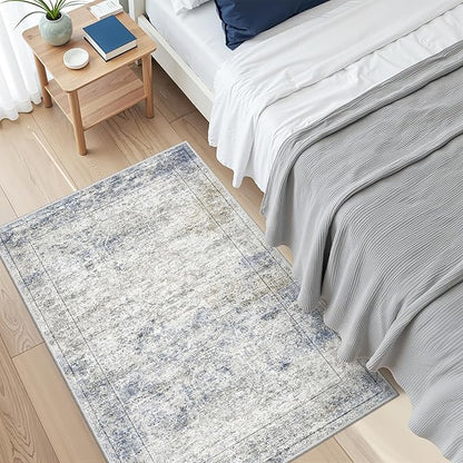 2x3 Washable Rug Runner for Bathroom, Soft Entryway Rug for Laundry Room, Kitchen, Vintage Abstract Hallway Runner for Bedroom, Anti-Slip Door Mat Indoor Entrance(2'x3', Blue/Brown/Ivory)