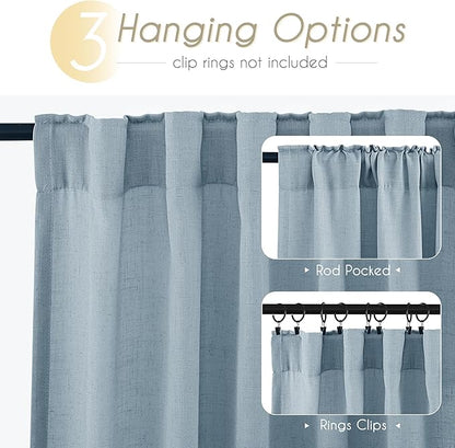 Dusty Blue Linen Curtains for Living Room Back Tab Light Filtering Semi Sheer Light Blue Bedroom Curtain Linen Cotton Textured Grey Blue Drapery Panel Airy Modern Farmhouse Aesthetic Decor 52x120 Long