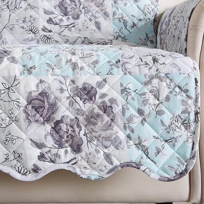 Great Bay Home Reversible Floral Patchwork Recliner Furniture Protector - Machine Washable, Scalloped Edge, Stain Resistant, Printed Furniture Cover for Dogs, Kids, and Pets (Gray/Aqua)