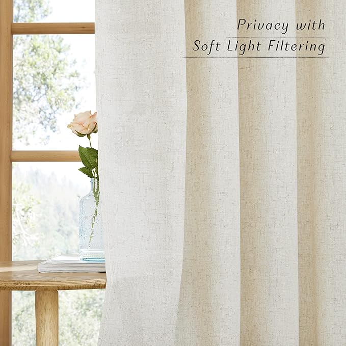 NICETOWN Natural Flax Linen Bedroom Curtains 90 inches Long, Grommet Semi Sheer Vertical Drapes Privacy Added with Light Filtering for Living Room/Home Office, W55 x L90, 2 Pieces