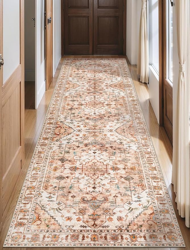 SERISSA Boho Washable Runner Rug, 2'6"x10' Long Non-Slip Vintage Peach Cream Hallway Kitchen Stair Runner Rug Ultra Soft Print Distressed Floor Carpet for Bedroom Bathroom Laundry Room