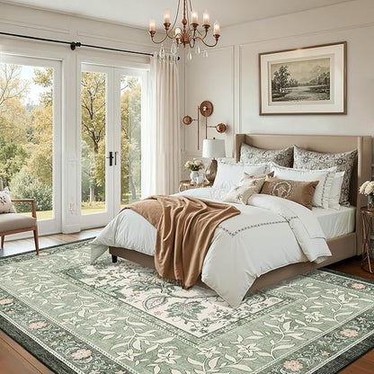 GarveeHome Provence 8x10 Area Rugs for Living Room, Botanical Grove Sage Green Cottagecore Washable Rug for Bedroom Dining Nursery Low-Pile Vintage Large Carpet