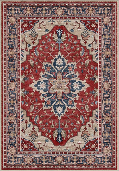RELEANY Area Rugs Round 8ft Washable Non-Slip, Floral Vintage Distress Print Pattern Medallion Carpet for Living Room Bedroom Dining Room, Red Blue