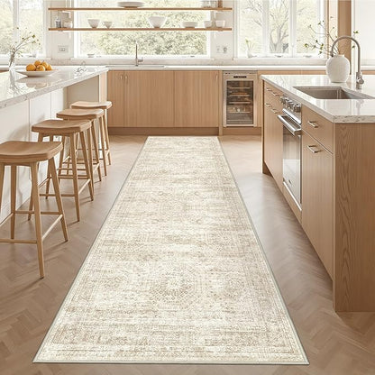 3x10 Runner Rug Non Slip Washable for Entryway, Vintage Hallway Runner for Front Porch, Laundry Room, Bedroom, Abstract Stain Resistant Thin Indoor Kitchen Mats for Floor(3'x10', Beige/Ivory)