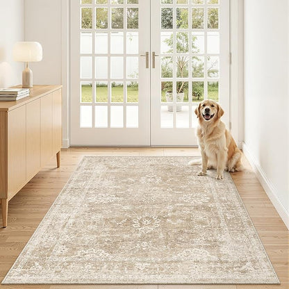 Madane 3x5 Area Rugs for Entryway,Washable Vintage Low Pile Non-Slip Throw Area Rugs, Accent Rug Floral Print Indoor Mat for Bedside Living Room Kitchen Bedroom, Beige/Brown