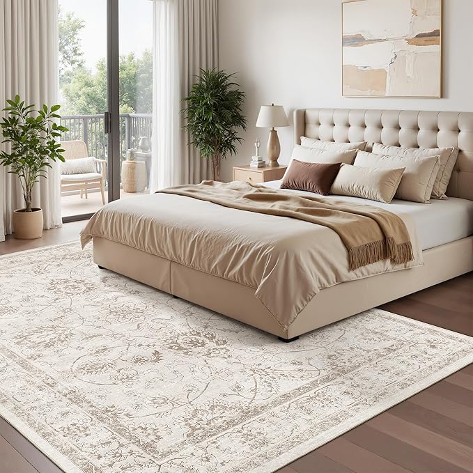 Madane 5x7 Area Rugs for Living Room, Washable Vintage Natural Rug with Non-Slip Backing, Soft Floral Print Throw Rugs Floor Low Pile Carpet for Bedroom Dining Room Farmhouse (5 x 7, Brown/Ivory)