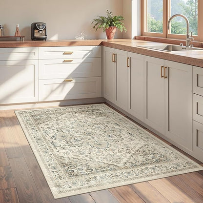 3x5 Area Rugs for Entryway, Kitchen Rugs Non Slip Washable for Dining Room, Vintage Floral Soft Living Room Area Rug, Thin Rug Indoor for Bedroom, Kids Room Decor(Brown,3x5)