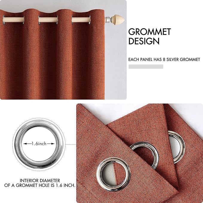 MIULEE 100% Blackout Linen Curtains for Bedroom Thermal Insulated Burnt Orange Grommet Room Darkening Curtains & Drapes Rust Terracotta Fall Decor for Living Room Nursery 52 x 84 Inch (2 Panels)