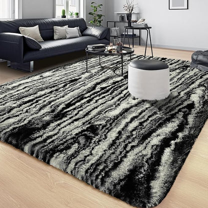 Tepook Soft Fluffy Rugs for Living Room, 5x8 Shaggy Area Rug for Bedroom, Modern Shag Rug Fuzzy Carpets for Kids, Plush Indoor Nursery Home Decor Rug with Non-Slip Bottom, Black White