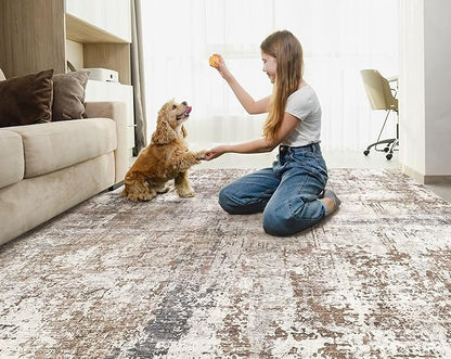 UERMEI 6x8 Area Rug Living Room Rugs - Washable Neutral Modern Abstract Soft Thin Rug Indoor Floor No Slip Rug Carpet for Bedroom Under Dining Table Home Office Decor - Brown/Grey/Red