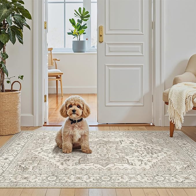 Madane Washable Area Rug 2x4, Small Entryway Rug Non-Slip Vintage Door Mat Indoor Entrance, Low Pile Floor Carpet Runner for Inside Front Door Kitchen Entry Laundry, Beige/Brown
