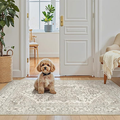 Madane Washable Area Rug 2x4, Small Entryway Rug Non-Slip Vintage Door Mat Indoor Entrance, Low Pile Floor Carpet Runner for Inside Front Door Kitchen Entry Laundry, Beige/Brown