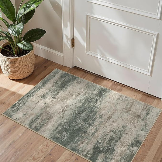 2x3 Rugs for Entryway Entrance Kitchen Bathroom, Machine Washable Modern Abstract Soft Area Rug, Indoor Floor Carpet with Non Slip Rubber Backing, Grey/Dark Green