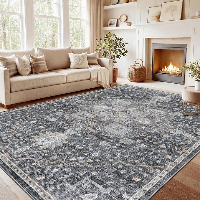 AMADA HOMEFURNISHING 10x14 Washable Area Rug, Low-Profile Large Area Rug with Non-Slip Backing & Durable Edge Binding, Vintage Large Rugs for Living Room, Bedroom & Dining Room