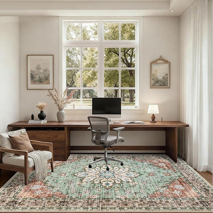 5x7 Area Rugs Living Room Rug: Washable Vintage Distressed Floral Rug No Slip Stain Resistant Soft Carpet Indoor Large Carpets for Bedroom Dining Room Farmhouse Nursery Hallway Home Office Brown Green