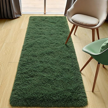 Tepook Soft Runner Rugs for Bedroom 2x6 with Rubber Backing, Dark Green Fluffy Rugs for Hallway, Shag Bedside Rug Fuzzy Plush Carpet for Living Room Dorm Nursery Indoor Home Decor