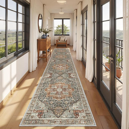 Runner Rug 2x10, Ultra-Thin Kitchen Rugs Non Slip Washable Rugs for Entryway Rug, Kitchen Runner Low Pile Vintage Soft Carpets for Living Room, Bathroom Bedroom (Grey/Brown/Tan,2'x10')