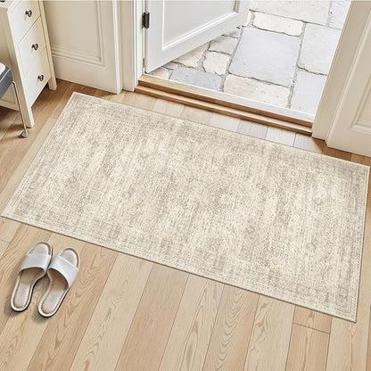 2x4 Washable Rugs for Kitchen, Floor, Entryway, Powder Room Small Area Rug Non-Slip Vintage Low Pile Throw Door Mat Beige