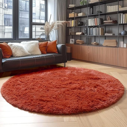Amdrebio Terracotta Rust Round Circle Rug 5Ft for Bedroom Living Room, Fluffy Fuzzy Shaggy Furry Area Rugs for Kids Room Decor Aesthetic, Cute Plush Shag Rustic Carpet for Nursery Dorm Classroom