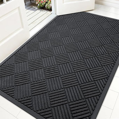 OLANLY Front Door Mat Outside Entrance 59x34, Absorbent, Heavy Duty Sturdy Natural Rubber Doormat Indoor Outdoor, Stain and Fade Resistant, Non-Slip Low Profile Floor Mat for Entryway, Black Diamond